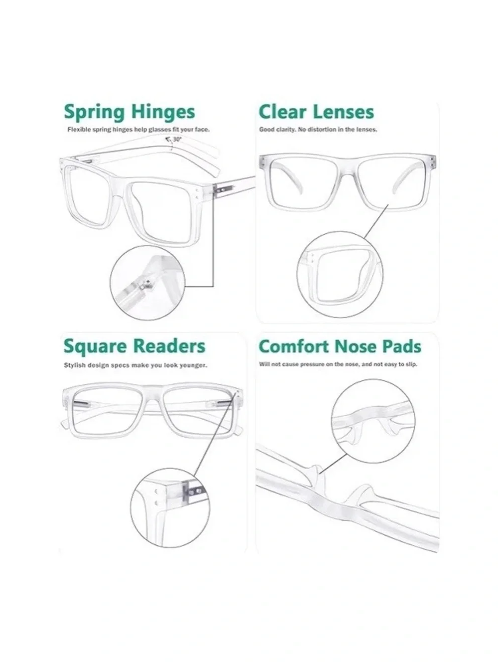 Square Clear Modern Reading Glasses Spring Hinges Unisex Transparent Readers 2.5